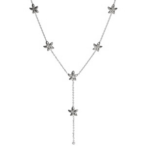 Collier de forme Y composé d'une chaîne avec des étoiles de mer en acier argenté dont une sertie d'un strass et d'un strass serti clos. Fermoir mousqueton avec 5 cm de rallonge.