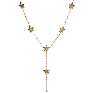 Collier de forme Y composé d'une chaîne avec des étoiles de mer en acier doré dont une sertie d'un strass et d'un strass serti clos. Fermoir mousqueton avec 5 cm de rallonge.