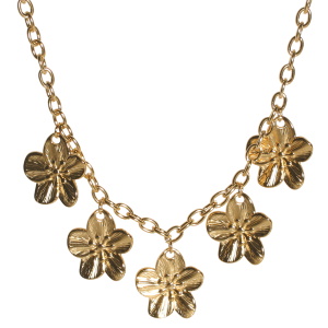 Collier composé d'une chaîne et de pendants fleurs en acier doré. Fermoir mousqueton avec 5 cm de rallonge.