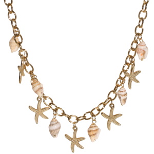 Collier composé d'une chaîne avec pendants en forme d'étoile de mer en acier doré et de coquillages. Fermoir mousqueton avec 5 cm de rallonge.