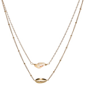 Collier double rangs composé d'une chaîne de 38 cm de long en acier doré avec un coquillage ainsi qu'une chaîne de 40 cm de long avec un coquillage cauri en acier doré. Fermoir mousqueton avec 5 cm de rallonge.