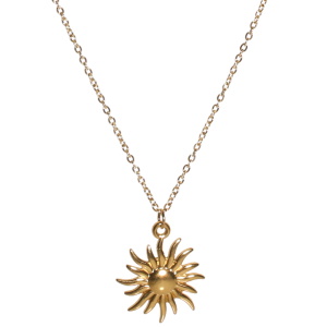 Collier composé d'une chaîne et d'un pendentif en forme de soleil en acier doré. Fermoir mousqueton avec 5 cm de rallonge.