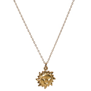 Collier composé d'une chaîne et d'un pendentif en forme de soleil avec visage en acier doré. Fermoir mousqueton avec 5 cm de rallonge.