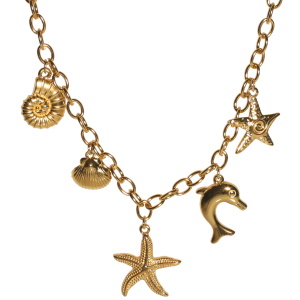 Collier composé d'une chaîne et de pendants en forme de coquillages, étoiles de mer et dauphin en acier doré. Fermoir mousqueton avec 5 cm de rallonge.