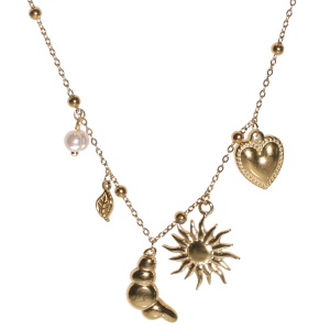 Collier composé d'une chaîne avec des pendants en forme de cœur, de croissant, de soleil et de feuille en acier doré et d'une perle d'imitation. Fermoir mousqueton avec 5 cm de rallonge.