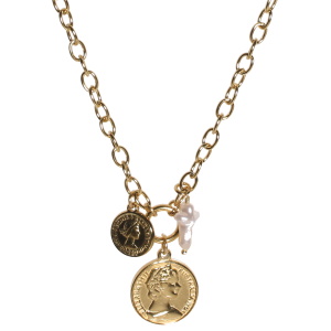 Collier composé d'une chaîne avec des pendants en forme de pièces de monnaie en acier doré et d'un pendant en nacre d'imitation. Fermoir mousqueton avec 5 cm de rallonge.
