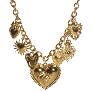 Collier composé d'une chaîne avec des pendants en forme de cœur en acier doré. Fermoir mousqueton avec 5 cm de rallonge.