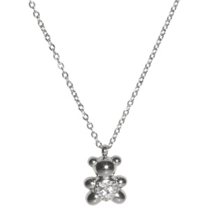 Collier composé d'une chaîne en acier argenté et d'un pendentif en forme de nounours serti d'un cristal en forme de cœur. Fermoir mousqueton avec 5 cm de rallonge.