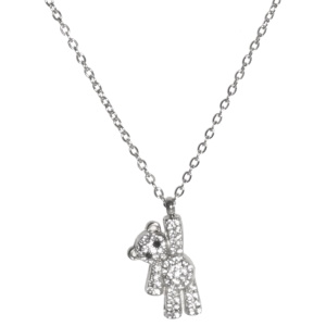 Collier composé d'une chaîne en acier argenté et d'un pendentif en forme de nounours serti de strass. Fermoir mousqueton avec 5 cm de rallonge.