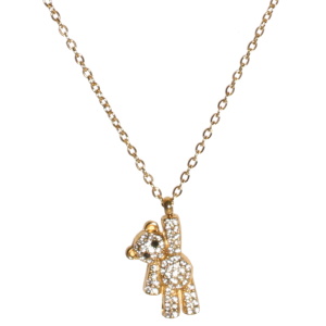 Collier composé d'une chaîne en acier doré et d'un pendentif en forme de nounours serti de strass. Fermoir mousqueton avec 5 cm de rallonge.