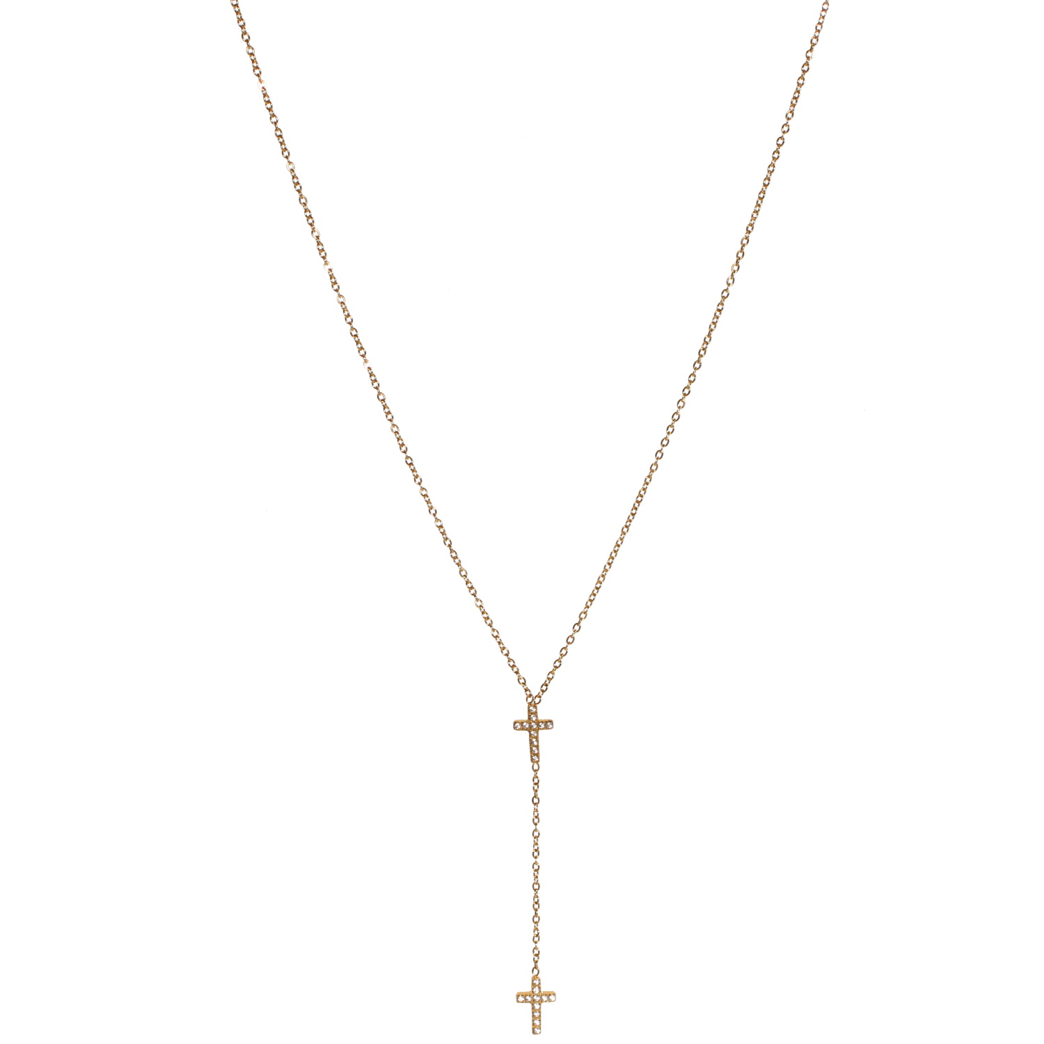 Collier de forme Y composé d'une chaîne en acier doré et de deux croix serties de strass.<br/>Fermoir mousqueton avec 5 cm de rallonge. Croix Strass Adolescent Adulte Femme Fille Indémodable Religion Symboles Collier de forme Y composé d'une chaîne en acier doré et de deux croix serties de strass.<br/>Fermoir mousqueton avec 5 cm de rallonge. Croix Strass Adolescent Adulte Femme Fille Indémodable Religion Symboles