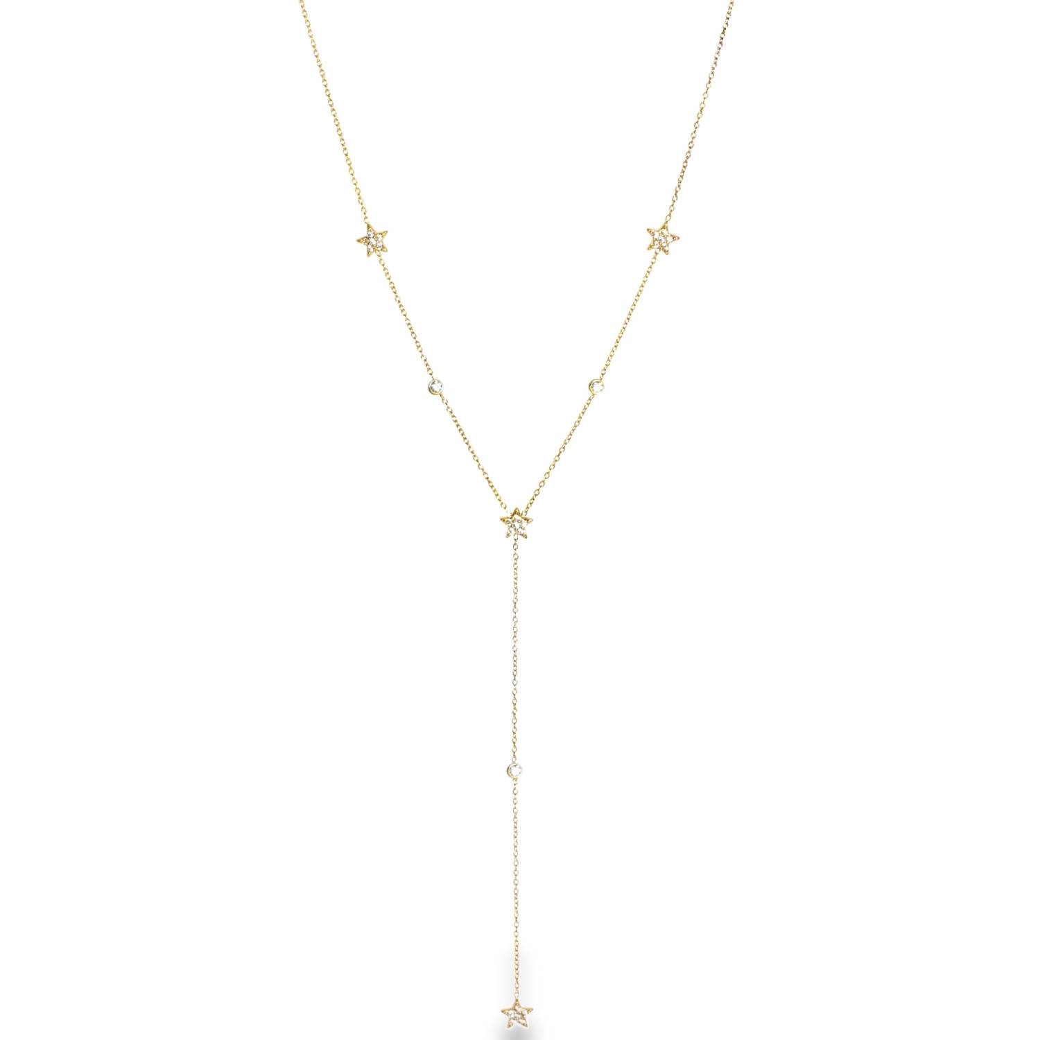 Affirmez votre élégance avec ce collier lariat (ou collier cravate) au design céleste et raffiné. Conçu en acier inoxydable de haute qualité, ce bijou allie la robustesse d'un métal durable à la finesse d'une pièce de joaillerie contemporaine.<br/>Ce modèle se distingue par sa structure en Y, une coupe particulièrement flatteuse qui sublime le décolleté avec légèreté.<br/>Le collier est orné de délicates étoiles à cinq branches, finement serties de cristaux transparents qui capturent la lumière à chaque mouvement.<br/>Entre les étoiles, de discrets points de lumière sertis clos viennent rythmer la chaîne pour un éclat continu.<br/>Un mousqueton sécurisé accompagné d'une chaînette d'extension, permettant d'ajuster parfaitement la taille à votre morphologie. Etoile Strass Adolescent Adulte Femme Fille Indémodable Nature Affirmez votre élégance avec ce collier lariat (ou collier cravate) au design céleste et raffiné. Conçu en acier inoxydable de haute qualité, ce bijou allie la robustesse d'un métal durable à la finesse d'une pièce de joaillerie contemporaine.<br/>Ce modèle se distingue par sa structure en Y, une coupe particulièrement flatteuse qui sublime le décolleté avec légèreté.<br/>Le collier est orné de délicates étoiles à cinq branches, finement serties de cristaux transparents qui capturent la lumière à chaque mouvement.<br/>Entre les étoiles, de discrets points de lumière sertis clos viennent rythmer la chaîne pour un éclat continu.<br/>Un mousqueton sécurisé accompagné d'une chaînette d'extension, permettant d'ajuster parfaitement la taille à votre morphologie. Etoile Strass Adolescent Adulte Femme Fille Indémodable Nature