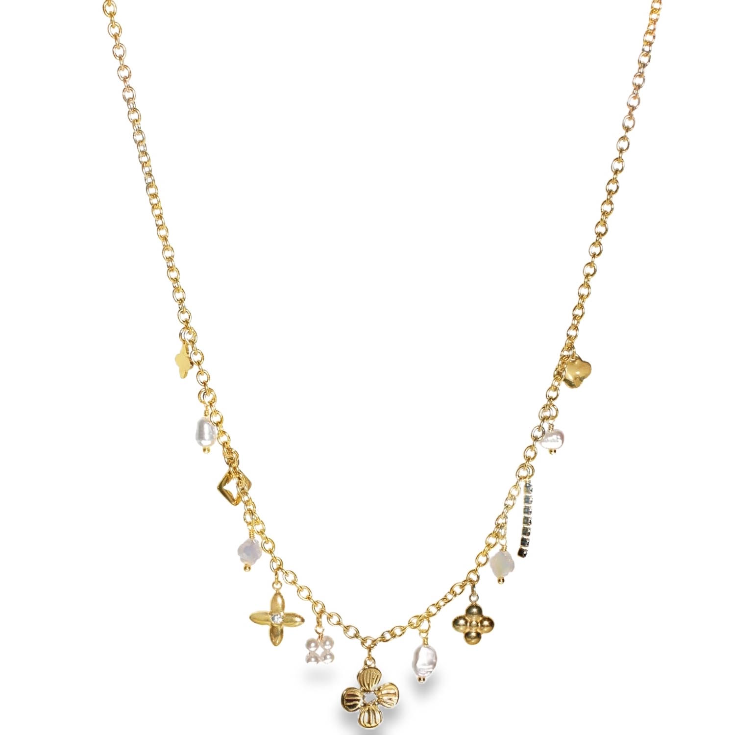 Ce collier captivant en acier inoxydable doré incarne un style à la fois ludique et sophistiqué. Conçu comme une version moderne du collier à breloques, il mêle avec harmonie des éléments de la nature et des textures variées.<br/>Le bijou se distingue par sa multitude de pampilles délicatement suspendues le long d'une maille jante classique.<br/>Au centre, une fleur épanouie sertie d'un discret cristal scintillant capte la lumière. Elle est entourée de trèfles et de fleurs stylisées aux finitions polies ou perlées.<br/>Des perles baroques aux formes naturelles apportent une touche de douceur nacrée et une élégance organique à l'ensemble.<br/>Des petites pierres facettées et une barrette sertie de strass ajoutent un éclat subtil et une dimension géométrique.<br/>Un mousqueton sécurisé accompagné d'une chaînette d'extension, permettant d'ajuster parfaitement la taille à votre morphologie. Perle Strass Adolescent Adulte Femme Fille Fleurs Indémodable Nature Ce collier captivant en acier inoxydable doré incarne un style à la fois ludique et sophistiqué. Conçu comme une version moderne du collier à breloques, il mêle avec harmonie des éléments de la nature et des textures variées.<br/>Le bijou se distingue par sa multitude de pampilles délicatement suspendues le long d'une maille jante classique.<br/>Au centre, une fleur épanouie sertie d'un discret cristal scintillant capte la lumière. Elle est entourée de trèfles et de fleurs stylisées aux finitions polies ou perlées.<br/>Des perles baroques aux formes naturelles apportent une touche de douceur nacrée et une élégance organique à l'ensemble.<br/>Des petites pierres facettées et une barrette sertie de strass ajoutent un éclat subtil et une dimension géométrique.<br/>Un mousqueton sécurisé accompagné d'une chaînette d'extension, permettant d'ajuster parfaitement la taille à votre morphologie. Perle Strass Adolescent Adulte Femme Fille Fleurs Indémodable Nature