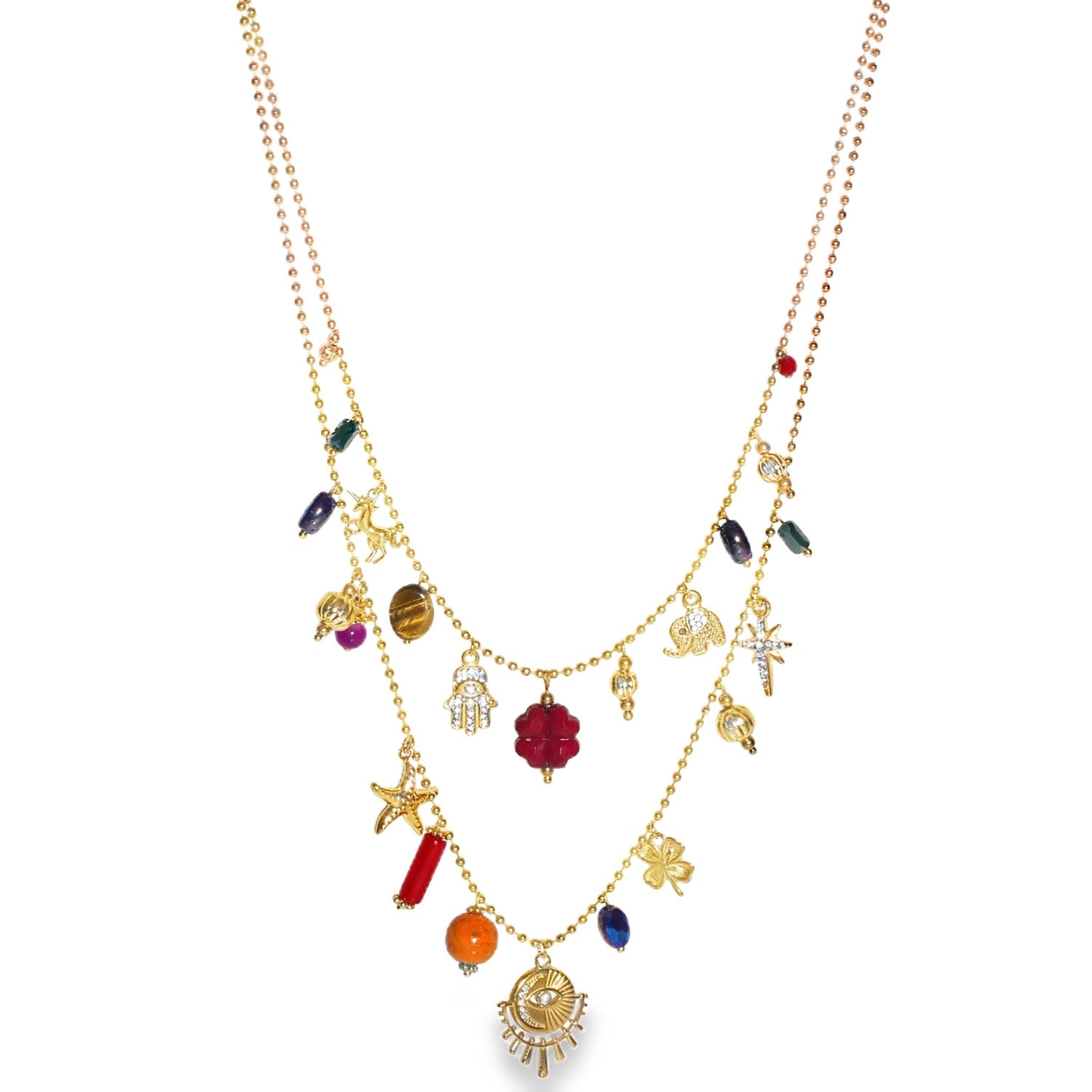 Ce collier est une pièce audacieuse et solaire, parfaite pour celles qui aiment le style bohème-chic et les bijoux porte-bonheur. Conçu en acier inoxydable doré, il combine la finesse d'un montage multi-rangs avec une accumulation généreuse de breloques colorées.<br/>Le véritable charme de ce bijou réside dans sa variété de breloques éclectiques, mêlant spiritualité, nature et voyage.<br/>On y retrouve une Main de Fatma (Hamsa) délicatement ciselée et un grand médaillon central représentant un Œil protecteur rayonnant, orné de petits cristaux.<br/>Des touches marines avec une étoile de mer, ainsi que des symboles de chance comme un trèfle à quatre feuilles et un petit éléphant doré.<br/>Un mousqueton sécurisé accompagné d'une chaînette d'extension, permettant d'ajuster parfaitement la taille à votre morphologie. Coeur Coquillage Eléphant Etoile Fatma Main Perle Strass Trèfle Adolescent Adulte Animaux Femme Fille Fleurs Indémodable Nature Symboles Ce collier est une pièce audacieuse et solaire, parfaite pour celles qui aiment le style bohème-chic et les bijoux porte-bonheur. Conçu en acier inoxydable doré, il combine la finesse d'un montage multi-rangs avec une accumulation généreuse de breloques colorées.<br/>Le véritable charme de ce bijou réside dans sa variété de breloques éclectiques, mêlant spiritualité, nature et voyage.<br/>On y retrouve une Main de Fatma (Hamsa) délicatement ciselée et un grand médaillon central représentant un Œil protecteur rayonnant, orné de petits cristaux.<br/>Des touches marines avec une étoile de mer, ainsi que des symboles de chance comme un trèfle à quatre feuilles et un petit éléphant doré.<br/>Un mousqueton sécurisé accompagné d'une chaînette d'extension, permettant d'ajuster parfaitement la taille à votre morphologie. Coeur Coquillage Eléphant Etoile Fatma Main Perle Strass Trèfle Adolescent Adulte Animaux Femme Fille Fleurs Indémodable Nature Symboles