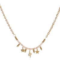 Collier composé d'une chaîne avec pendants étoiles, perles, serpent en acier doré et des perles en véritable pierre de quartz rose. Fermoir mousqueton avec 7 cm de rallonge.
