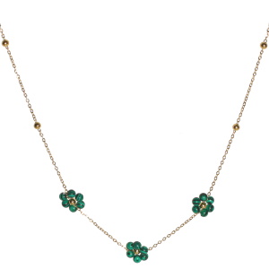 Collier composé d'une chaîne en acier doré et de fleurs en perles de malachite. Fermoir mousqueton avec 4 cm de rallonge.