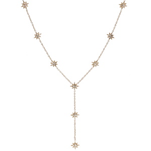 Collier de forme Y composé d'une chaîne en acier doré et d'étoiles pavées de strass. Fermoir mousqueton avec 5 cm de rallonge.