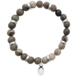 Bracelet boules élastique avec perles en pierre jaspe kaki et pendant motif gueule de requin en acier argenté.