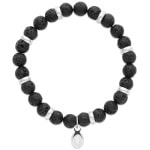 Bracelet boules élastique avec perles en pierre de lave et pendant motif gueule de requin en acier argenté.