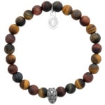 Bracelet élastique avec tête de mort en acier argenté et perles en pierre œil de tigre.