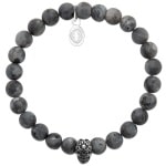 Bracelet élastique avec tête de mort en acier argenté et perles en pierre de labradorite.