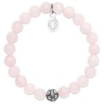 Bracelet élastique avec boule en acier argenté et perles en pierre quartz rose.