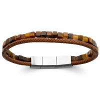 Bracelet double rangs composé d'un cordon en cuir véritable de couleur marron et d'un cordon de véritables pierres cubiques œil de tigre.