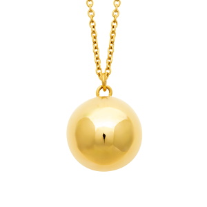 Collier sautoir composé d'une chaîne et d'un pendentif boule grelot en acier chirurgical 316L doré.