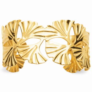 Bracelet manchette ouvert en forme de feuilles de ginkgo en acier chirurgical 316L doré.