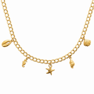 Collier composé d'une chaîne et de pendants coquillages, hippocampe et étoile de mer en acier chirurgical 316L doré. Fermoir mousqueton avec 6 cm de rallonge.