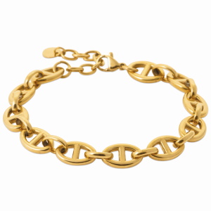 Bracelet avec grains de café en acier chirurgical 316L doré. Fermoir mousqueton avec 3 cm de rallonge.