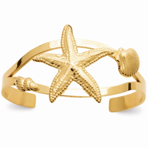Bracelet manchette ouvert avec coquillages et étoile de mer en acier chirurgical 316L doré.