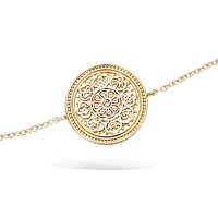 Bracelet composé d'une chaîne et d'une pastille ronde au motif de la monnaie du Tibet en plaqué or jaune 18 carats. Fermoir mousqueton avec anneaux de rappel à 16 et 18 cm.
