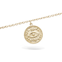 Bracelet composé d'une chaîne et pendant rond représentant un œil de Turquie en plaqué or jaune 18 carats. Fermoir mousqueton avec anneaux de rappel à 16 et 18 cm.