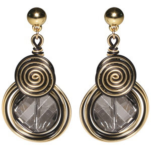 Boucles d'oreilles pendantes composées d'une puce ronde en métal doré, de fils de métal noir et doré en forme de spirale et d'un cristal rond de couleur noir.