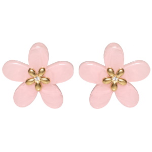 Boucles d'oreilles pendantes en forme de fleur en acier doré sertie d'un strass et en plastique de couleur rose.