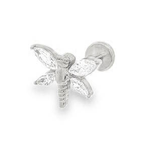 Piercing en forme de libellule en acier chirurgical argenté serti de strass.