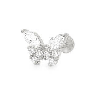 Piercing en forme de papillon en acier chirurgical argenté serti de strass.