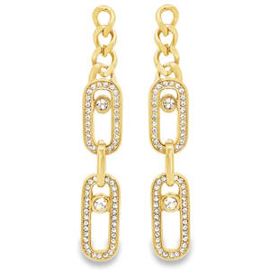 Apportez une touche de sophistication moderne à votre allure avec ces boucles d'oreilles pendantes au design architectural. Alliant la robustesse de l'acier à l'éclat intemporel des cristaux, ces bijoux sont l'accessoire idéal pour celles qui recherchent une élégance contemporaine. La partie supérieure présente une chaîne de type gourmette aux maillons resserrés, offrant un contraste texturé avec le reste de la boucle. Le corps de la boucle est constitué de deux larges maillons ovales superposés. Chaque maillon est délicatement serti sur tout son pourtour de cristaux blancs scintillants. Au centre de chaque maillon ovale se trouve un cristal solitaire plus imposant, suspendu de manière à capturer la lumière à chaque mouvement du visage.