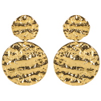 Boucles d'oreilles pendantes composées de deux pastilles rondes martelées en acier doré.