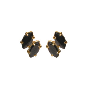 Boucles d'oreilles pendantes en acier doré serties griffes de deux cristaux en oxydes de zirconium noirs.