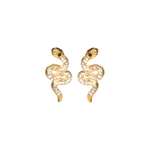 Boucles d'oreilles pendantes en forme de serpent en acier doré pavées de strass et serti d'un cristal noir.