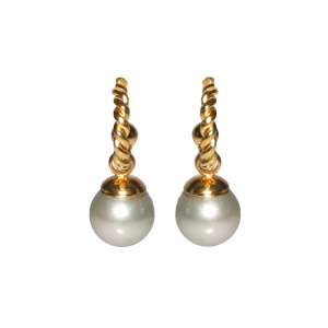 Boucles d'oreilles créoles ouvertes fil torsade en acier doré avec une perle d'imitation grise.