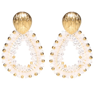 Boucles d'oreilles pendantes composées d'une puce ovale en acier doré et d'un cercle ovale surmonté de perles en acier doré et de perles de couleur blanche.