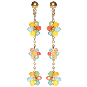 Boucles d'oreilles pendantes composées d'une puce ronde et d'une chaîne en acier doré avec trois fleurs de perles multicolores.