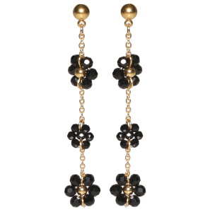 Boucles d'oreilles pendantes composées d'une puce ronde et d'une chaîne en acier doré avec trois fleurs de perles de couleur noire.