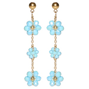 Boucles d'oreilles pendantes composées d'une puce ronde et d'une chaîne en acier doré avec trois fleurs de perles de couleur bleue turquoise.