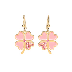 Boucles d'oreilles pendantes en forme de trèfle à quatre feuilles en acier doré pavé d'émail rose et de strass rose.