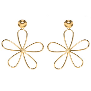 Boucles d'oreilles pendantes composées d'une pastille ronde martelée et d'une fleur en acier doré.