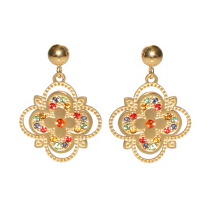 Boucles d'oreilles pendantes composées d'une puce ronde et d'un trèfle à quatre feuilles en acier doré serties de strass multicolore.